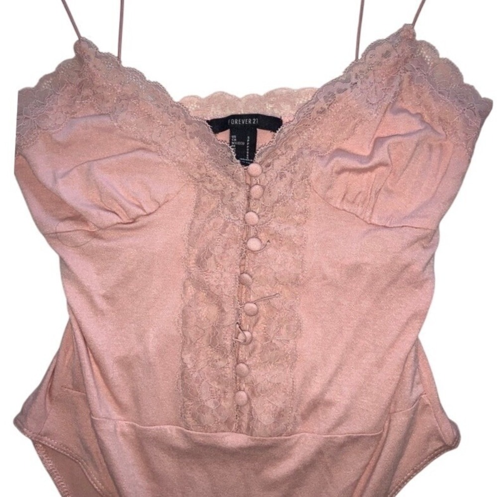 Forever 21 Lace Trim Bodysuit Button Front Spaghetti Strap Pink Small